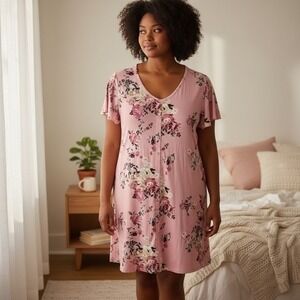 Ekouaer Button Down Front Pink‎ Green Floral Pajama Nightgown NWT XL